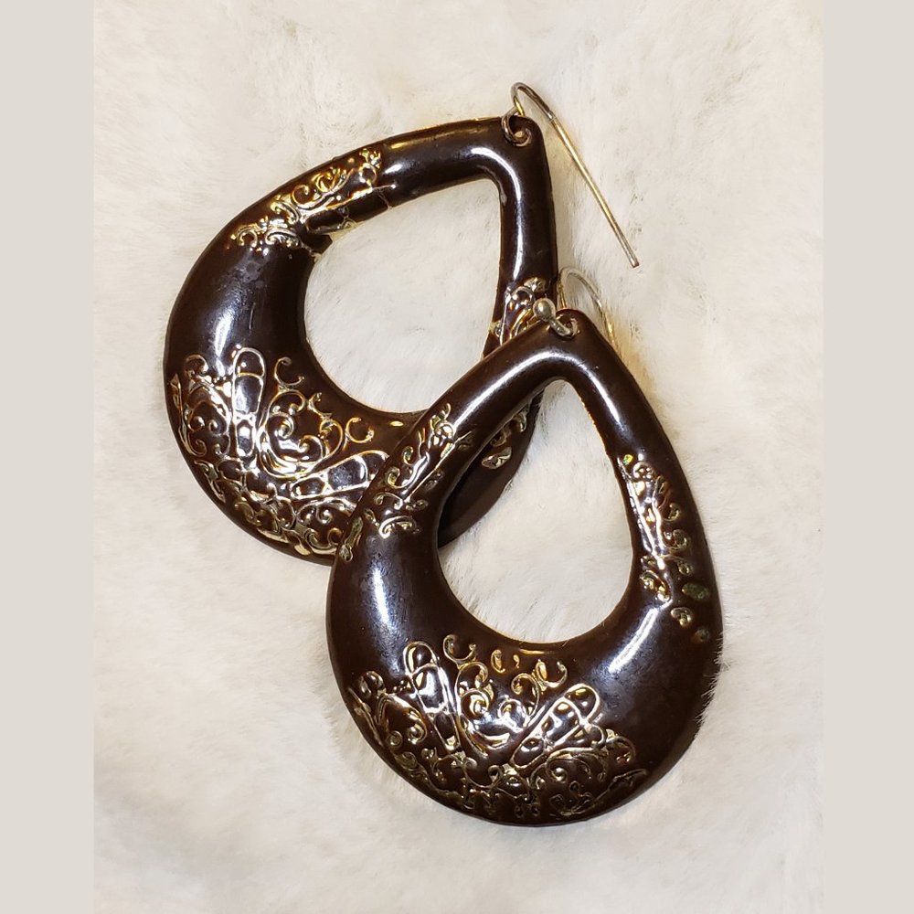 Brown Teardrop Earrings with Gold Swirl Accents - Picture 2 of 4